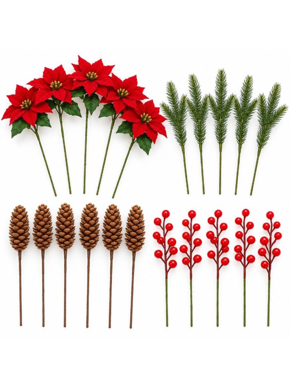 Artificial Red Poinsettia Set, 21 Faux Christmas Floral Pieces with Berry Picks,